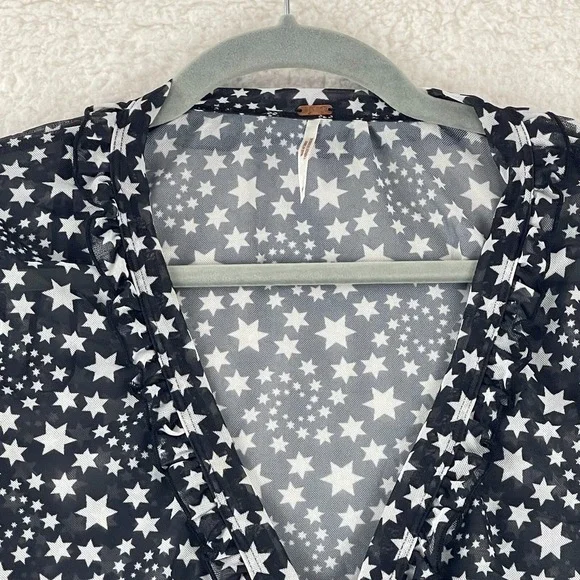 Free People Marni Sheer Top Womens Medium Black White Star Print Long Sleeve Tie - Picture 3 of 12